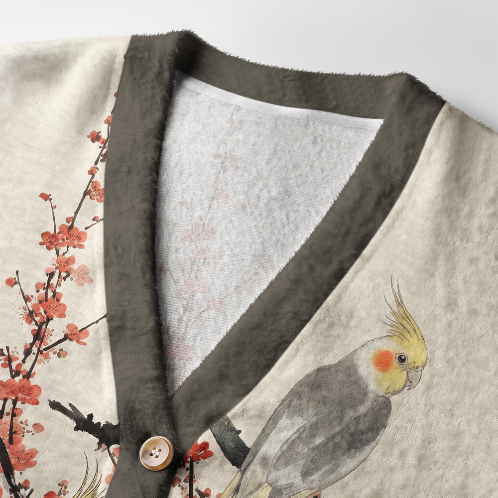 Tokyo-Tiger Cockatiels On Plum Blossoms Ugly Cardigan Sweater