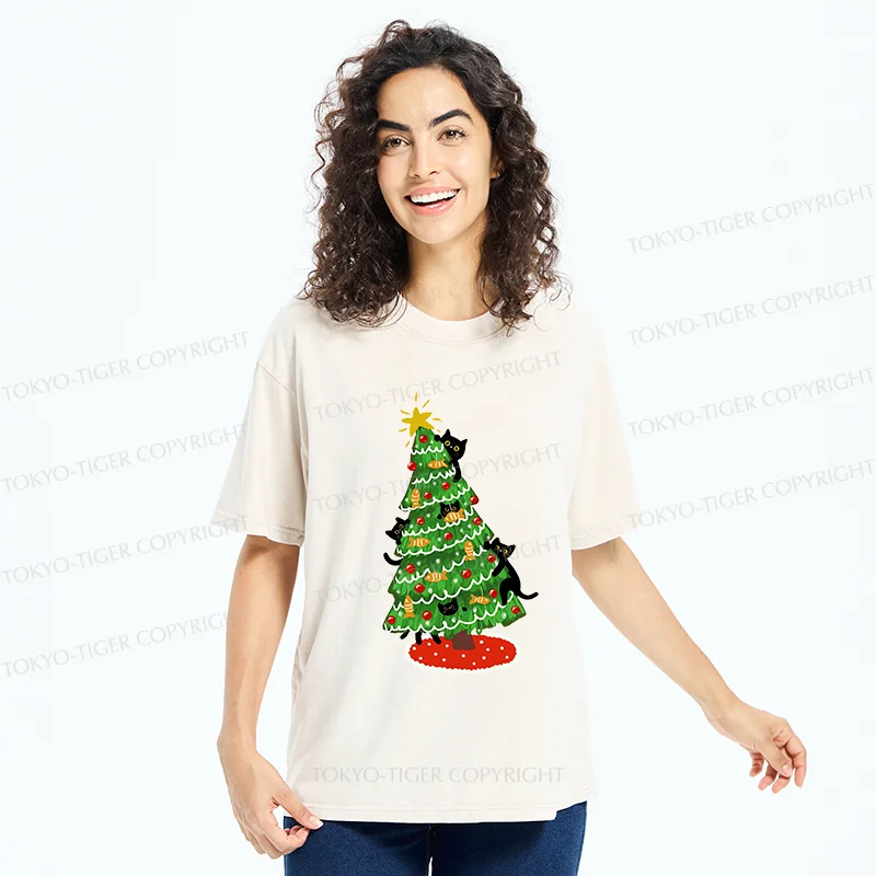 Tokyo-Tiger Christmas Tree Full Of Black Cats Washed T-Shirt
