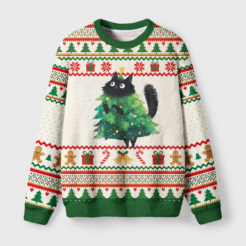 Tokyo-Tiger Cute Black Cat Christmas Tree Fuzzy Christmas Ugly Sweatshirt