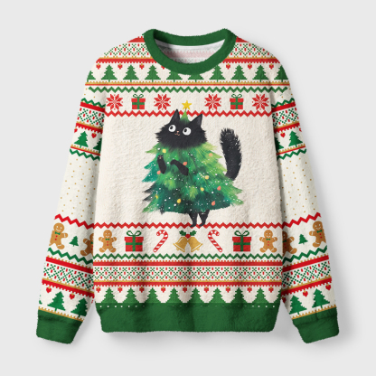 Tokyo-Tiger Cute Black Cat Christmas Tree Fuzzy Christmas Ugly Sweatshirt