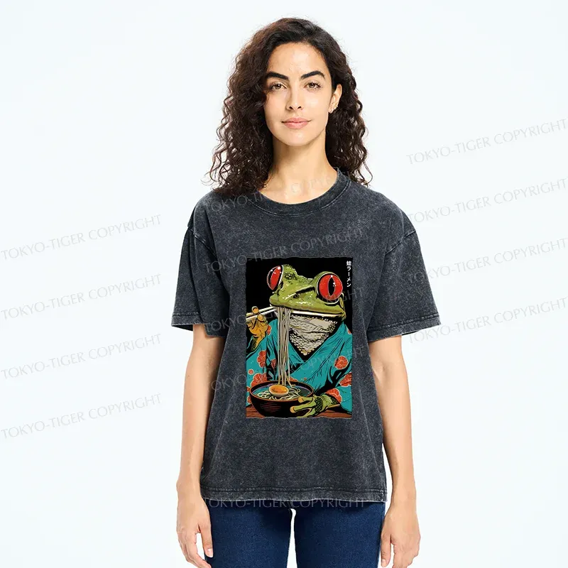 Tokyo-Tiger Frog Monster Eating Ramen Washed T-Shirt