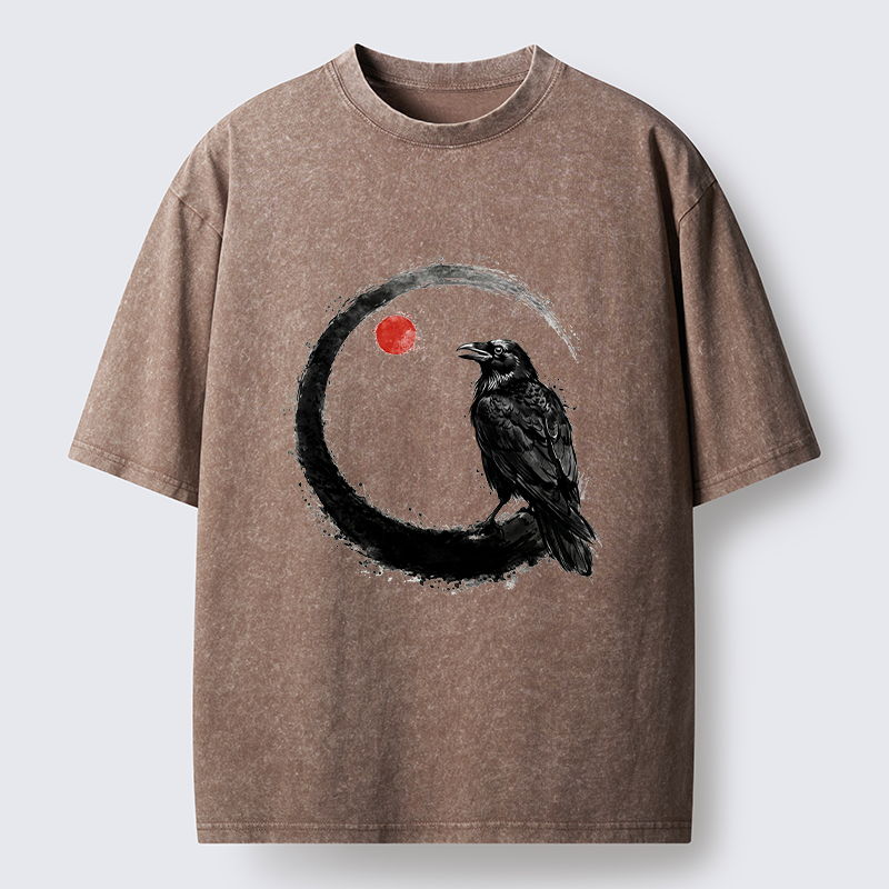 Tokyo-Tiger Japanese Circle Crow Scene Washed T-Shirt