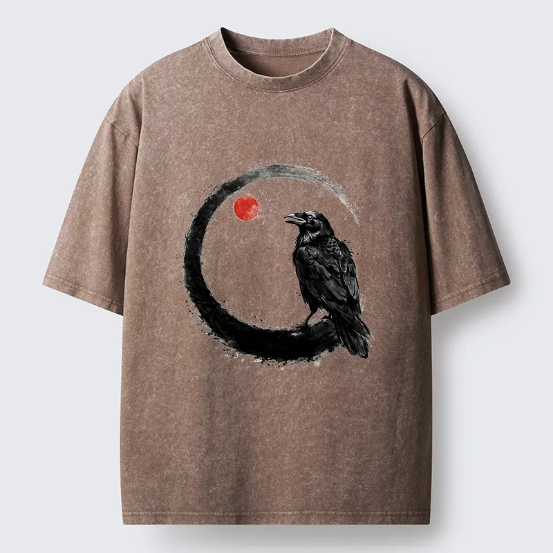 Tokyo-Tiger Japanese Circle Crow Scene Washed T-Shirt