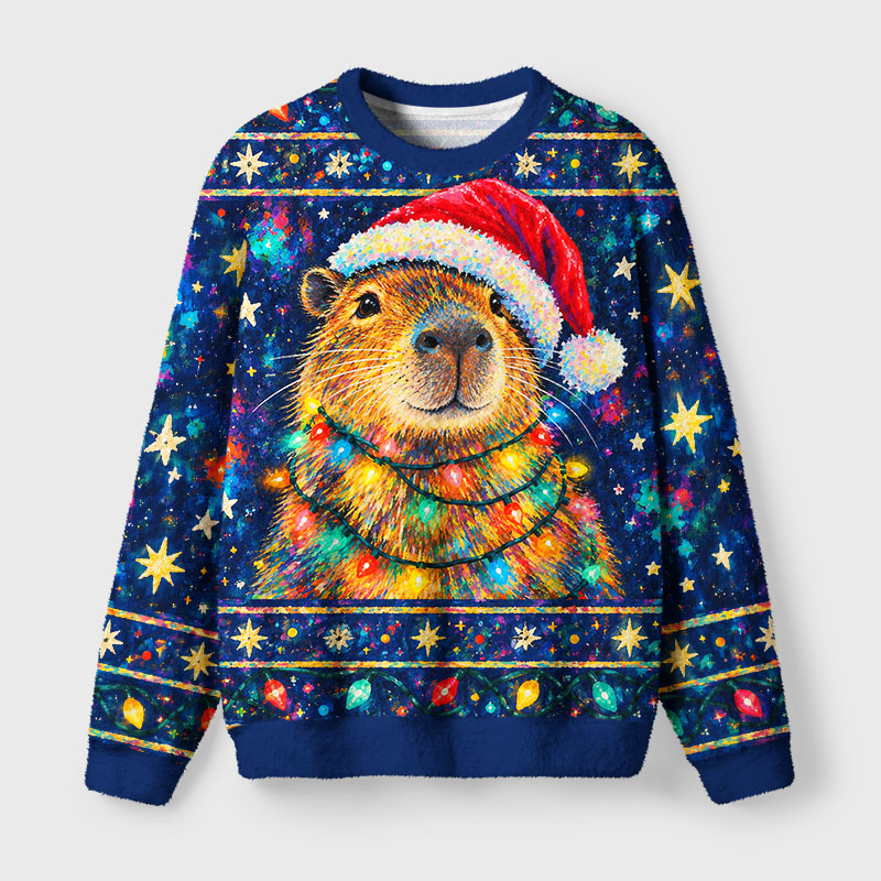 Tokyo-Tiger Christmas Capybara Lights Fuzzy Christmas Ugly Sweatshirt