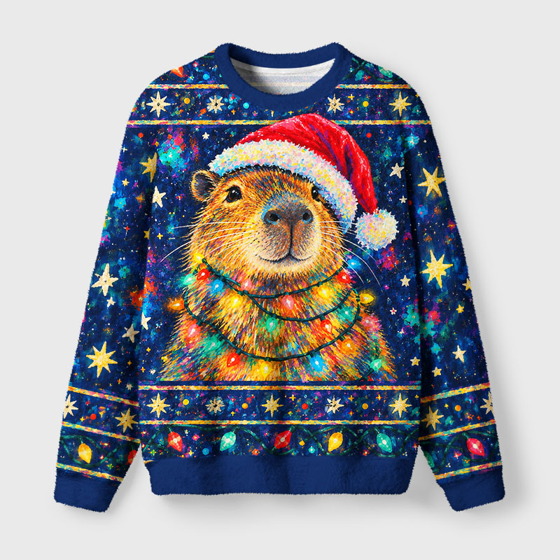 Tokyo-Tiger Christmas Capybara Lights Fuzzy Christmas Ugly Sweatshirt