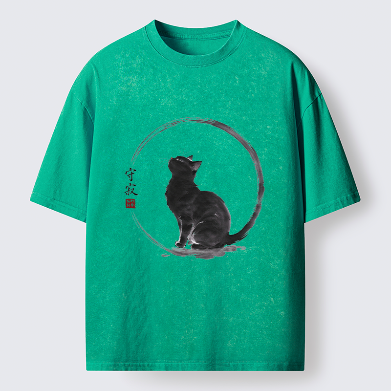 Tokyo-Tiger Traditional Zen Ink Cat Washed T-Shirt