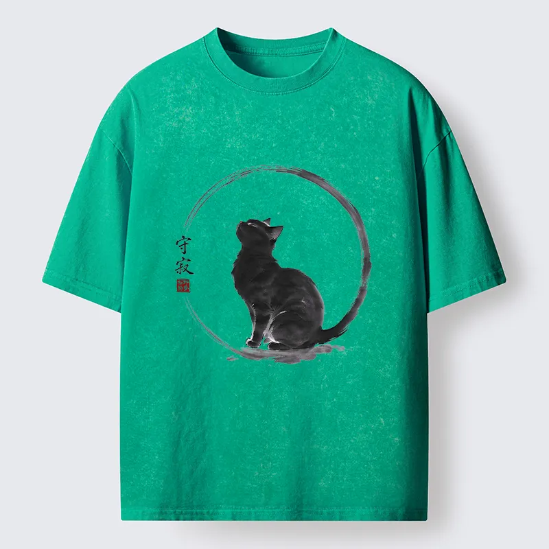 Tokyo-Tiger Traditional Zen Ink Cat Washed T-Shirt