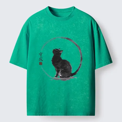 Tokyo-Tiger Traditional Zen Ink Cat Washed T-Shirt