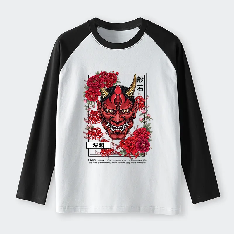 Tokyo-Tiger Cool Oni Floral Art Raglan Long Sleeve T-shirt
