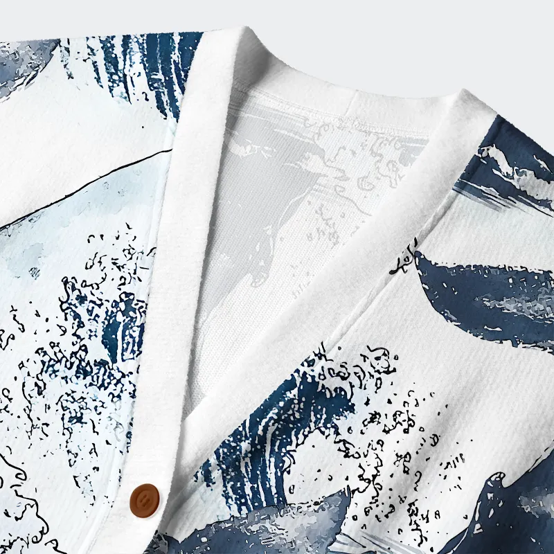 Tokyo-Tiger Whale Tail Wave Art Ugly Cardigan Sweater