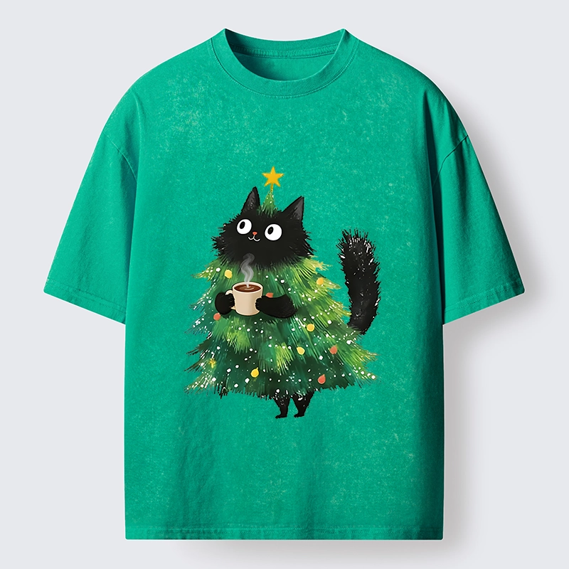 Tokyo‑Tiger Coffee Christmas Cat Washed T‑Shirt