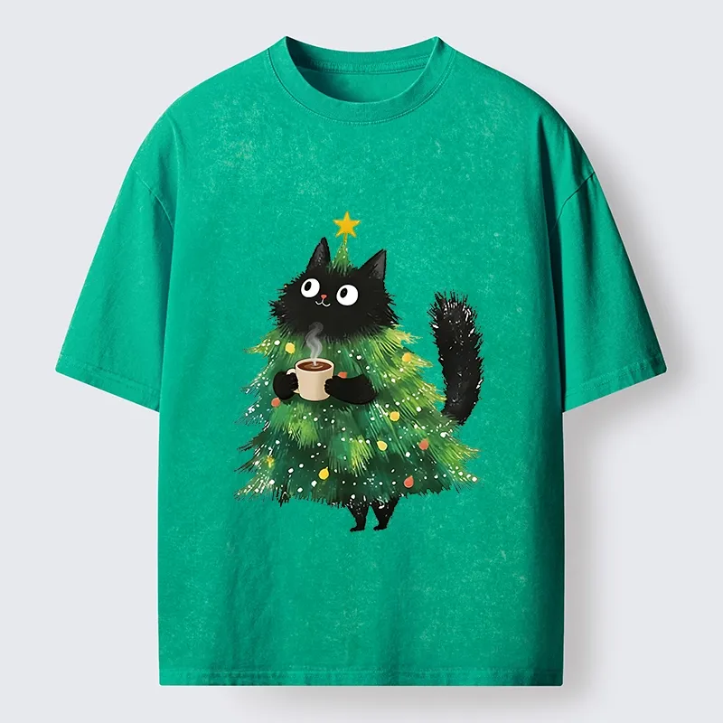 Tokyo‑Tiger Coffee Christmas Cat Washed T‑Shirt