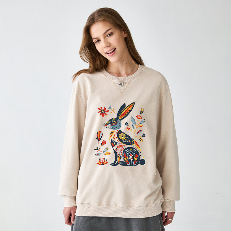 Tokyo-Tiger Folk Hare Bloom Washed Terry Sweatshirt