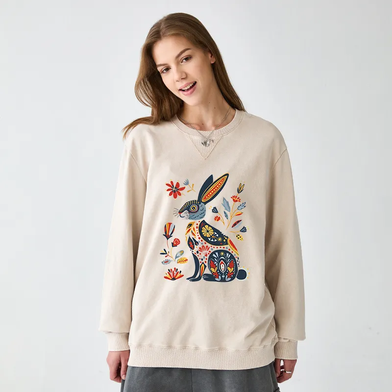 Tokyo-Tiger Folk Hare Bloom Washed Terry Sweatshirt