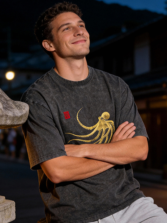 Tokyo-Tiger Retro Octopus Japanese Washed T-Shirt