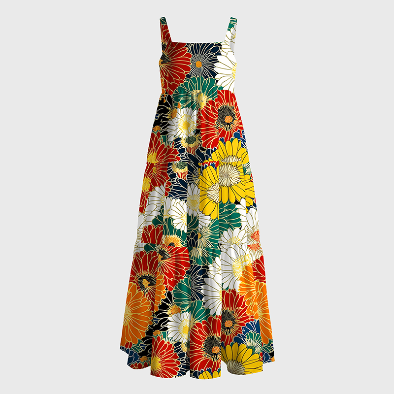Tokyo-Tiger Colorful Chrysanthemums Maxi Dress