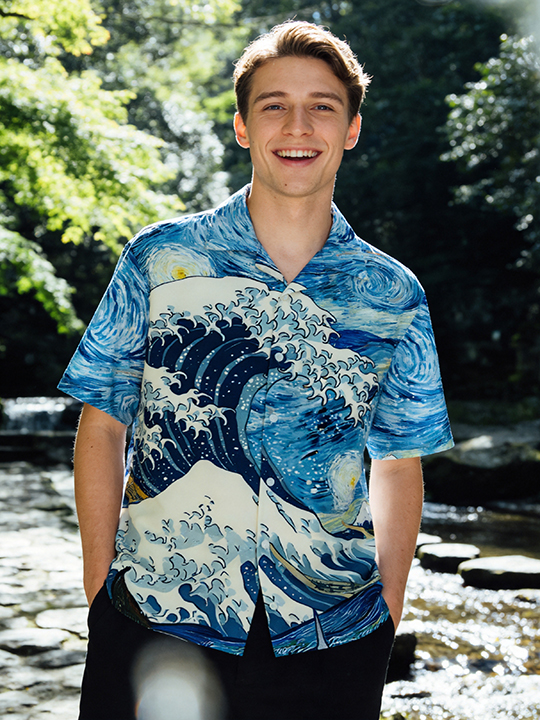 Tokyo-Tiger Waves Under The Starry Night Cuban Collar Shirt