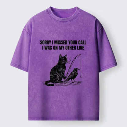 Tokyo-Tiger Funny Cat Fishing With Crow Meme Washed T-Shirt
