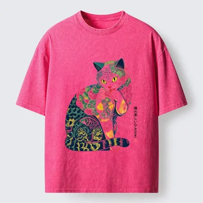 Tokyo‑Tiger Colorful Japanese Cat Washed T‑Shirt