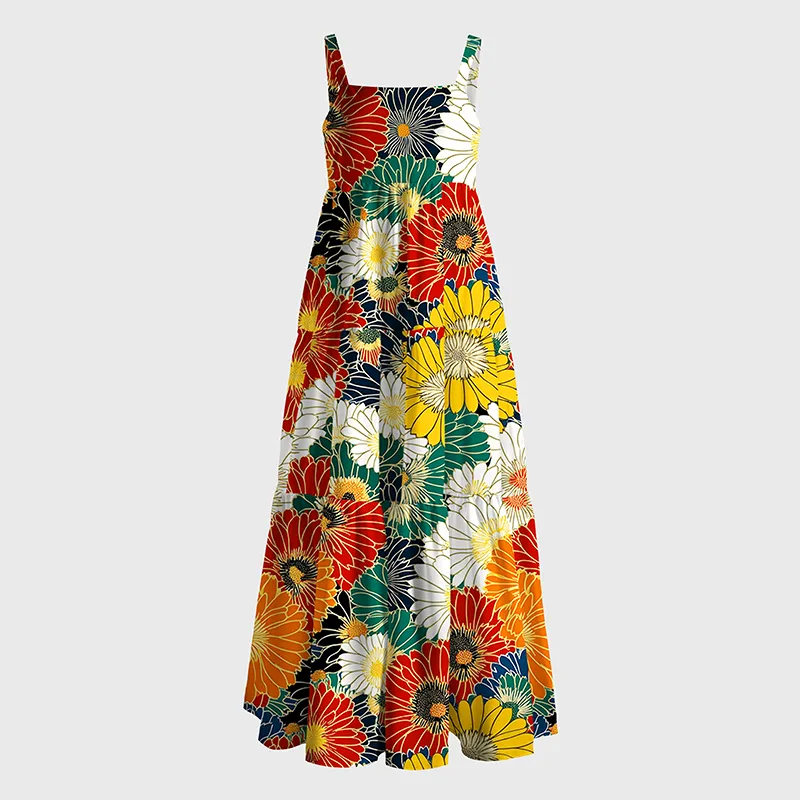 Tokyo-Tiger Colorful Chrysanthemums Maxi Dress
