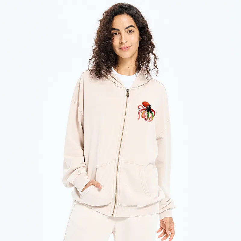 Tokyo-Tiger Colorful Octopus Art Washed Zip Hoodie