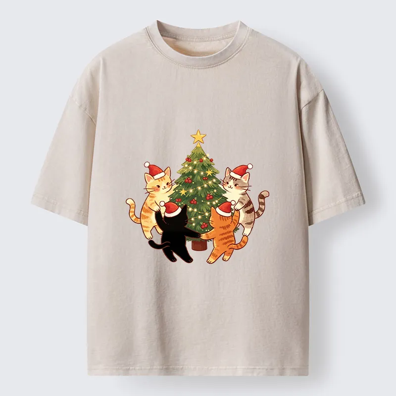 Tokyo-Tiger Cat Christmas Tree Party Washed T-Shirt