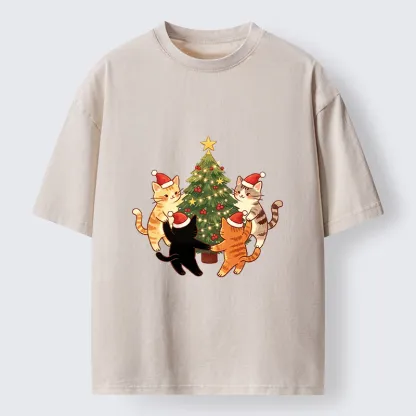 Tokyo-Tiger Cat Christmas Tree Party Washed T-Shirt