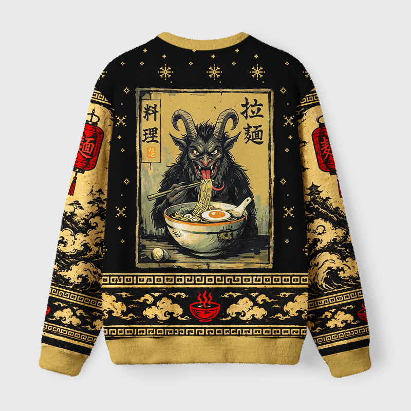 Tokyo-Tiger Vintage Krampus Eating Ramen Art Fuzzy Christmas Ugly Sweatshirt
