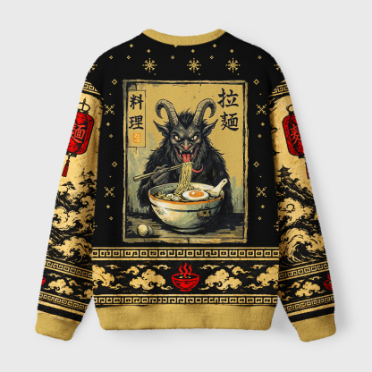 Tokyo-Tiger Vintage Krampus Eating Ramen Art Fuzzy Christmas Ugly Sweatshirt