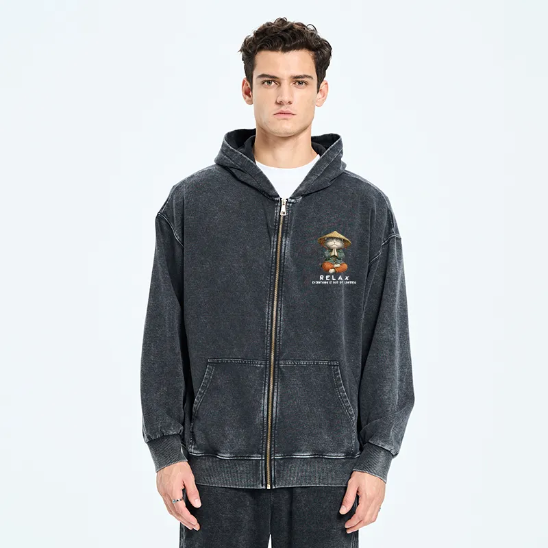 Tokyo-Tiger Zen Relax Cat Graphic Washed Zip Hoodie