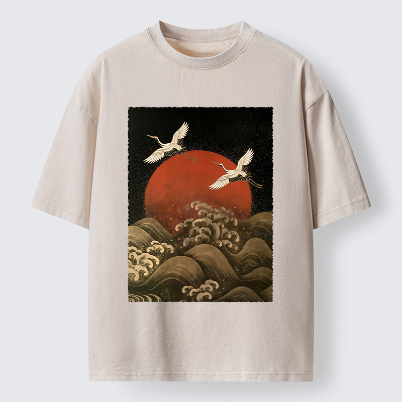 Tokyo‑Tiger Japanese Crane Wave Art Washed T‑Shirt Sale