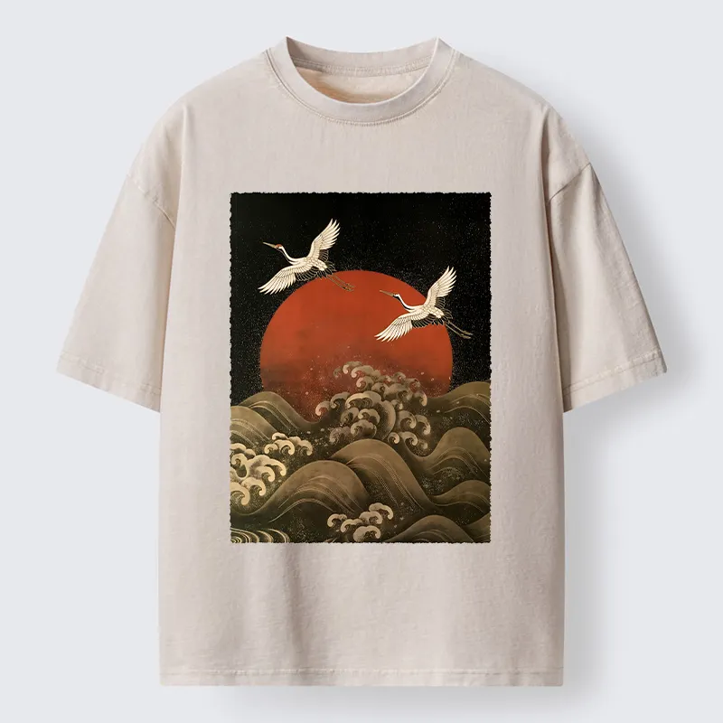 Tokyo-Tiger Japanese Crane Wave Art Washed T-Shirt
