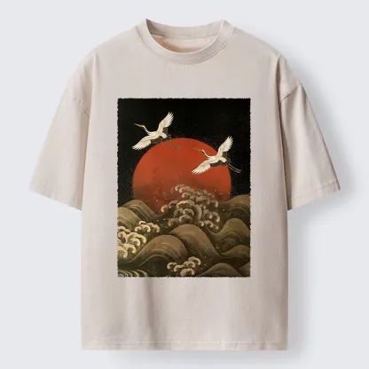 Tokyo-Tiger Japanese Crane Wave Art Washed T-Shirt
