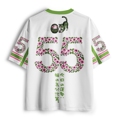 Tokyo-Tiger Lucky Daruma Painting Tabby Cat Cherry Blossom Mesh Jersey