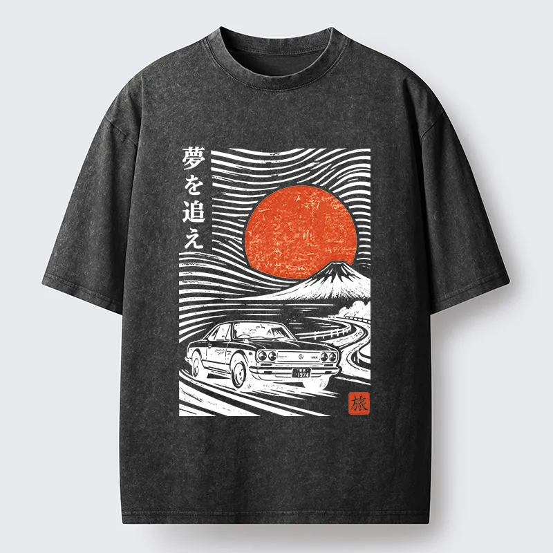 Tokyo-Tiger Ukiyo Retro Car Art Washed T-Shirt