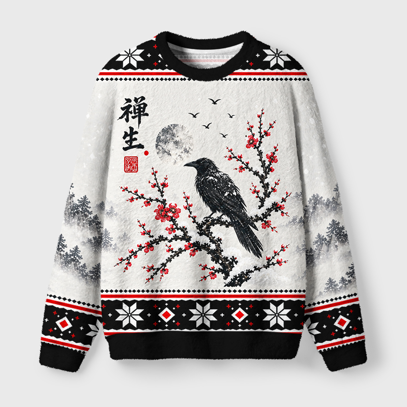 Tokyo-Tiger Ink Style Winter Zen Crow Fuzzy Christmas Ugly Sweatshirt