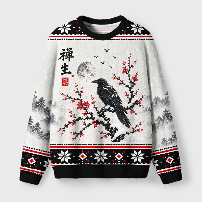 Tokyo-Tiger Ink Style Winter Zen Crow Fuzzy Christmas Ugly Sweatshirt
