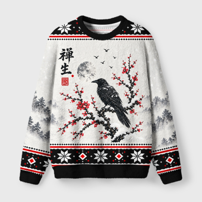 Tokyo-Tiger Ink Style Winter Zen Crow Fuzzy Christmas Ugly Sweatshirt