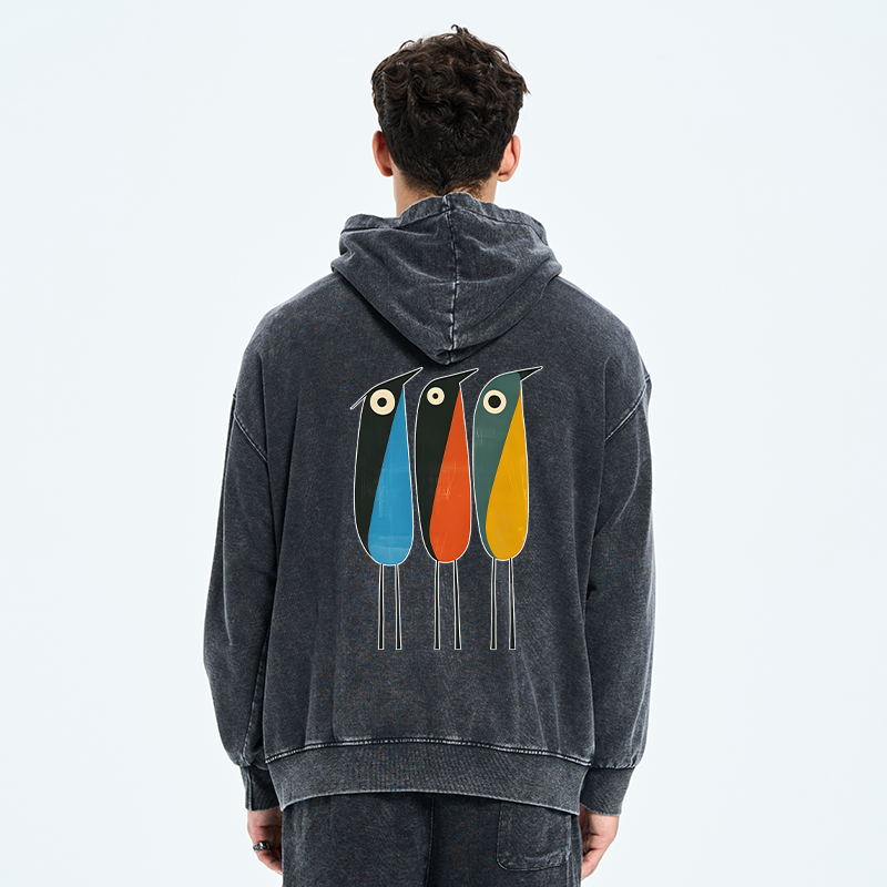 Tokyo-Tiger Bold Shape Birds Washed Zip Hoodie