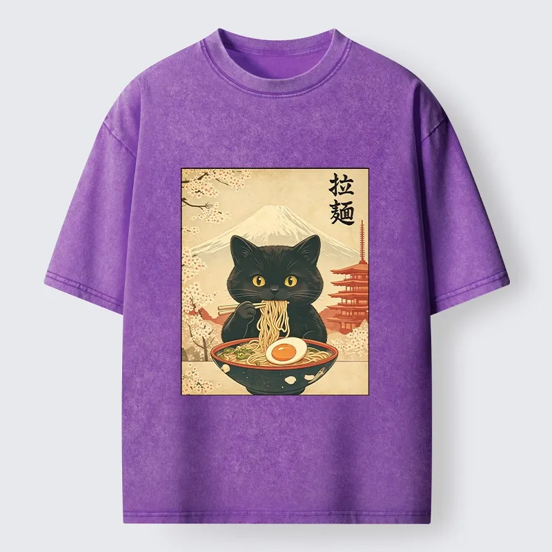 Tokyo‑Tiger Black Cute Cat Ramen Feast Washed T‑Shirt