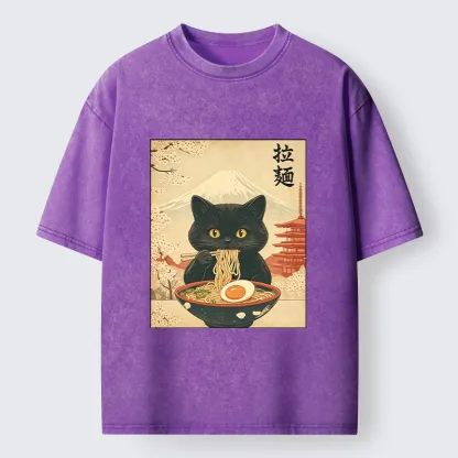 Tokyo‑Tiger Black Cute Cat Ramen Feast Washed T‑Shirt