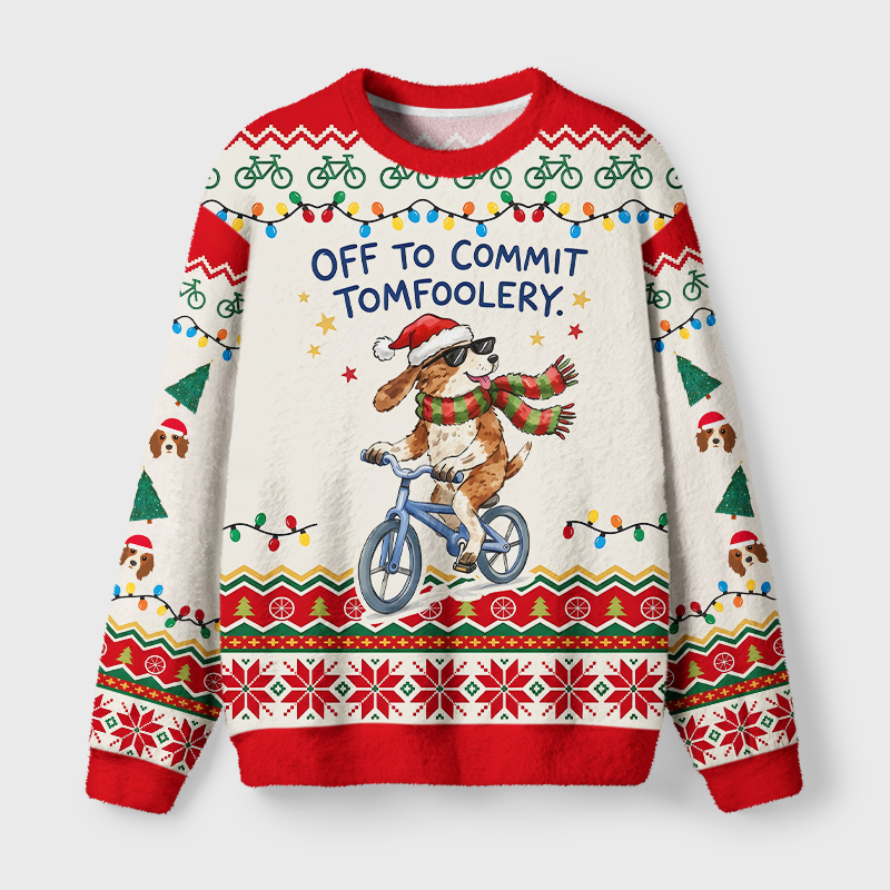 Tokyo-Tiger Funny Spaniel Riding Bike Fuzzy Christmas Ugly Sweatshirt