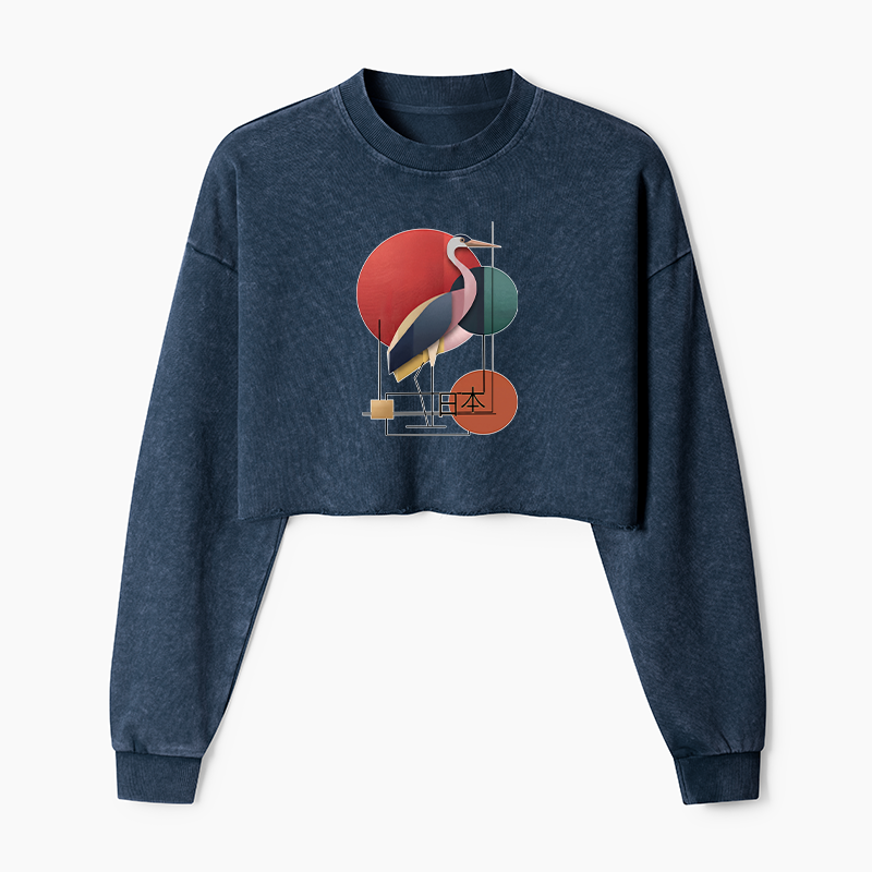 Tokyo-Tiger Geometric Crane Art Washed Crop Sweatshirt