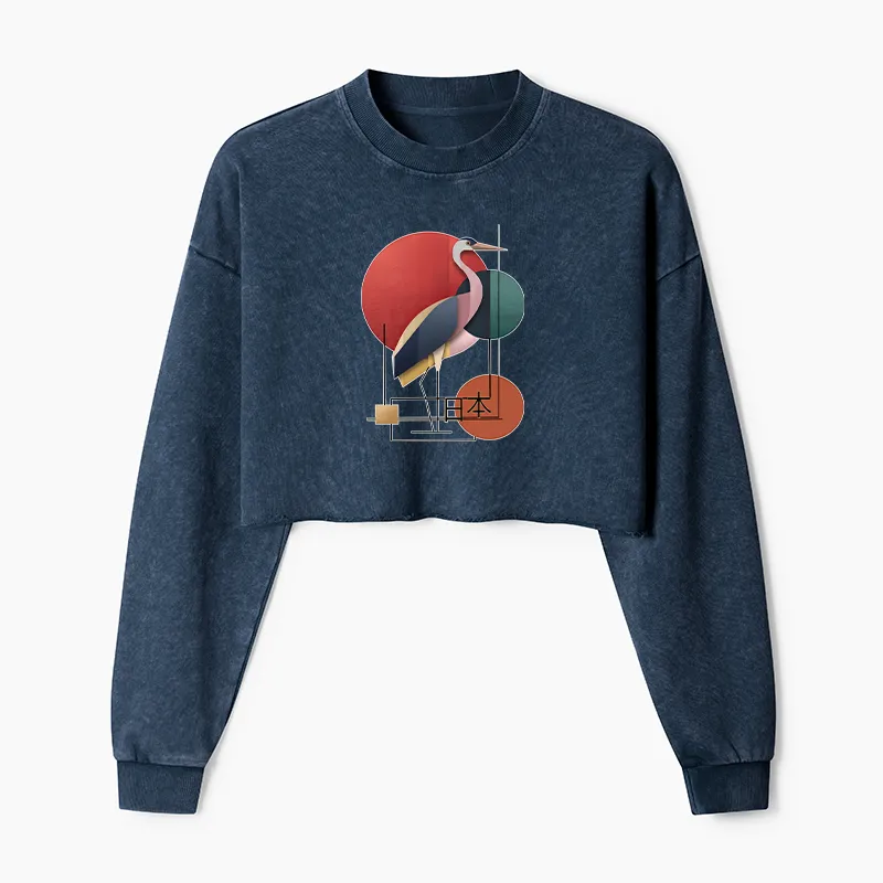 Tokyo-Tiger Geometric Crane Art Washed Crop Sweatshirt