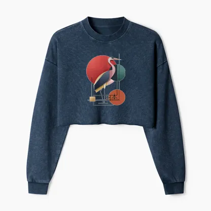 Tokyo-Tiger Geometric Crane Art Washed Crop Sweatshirt