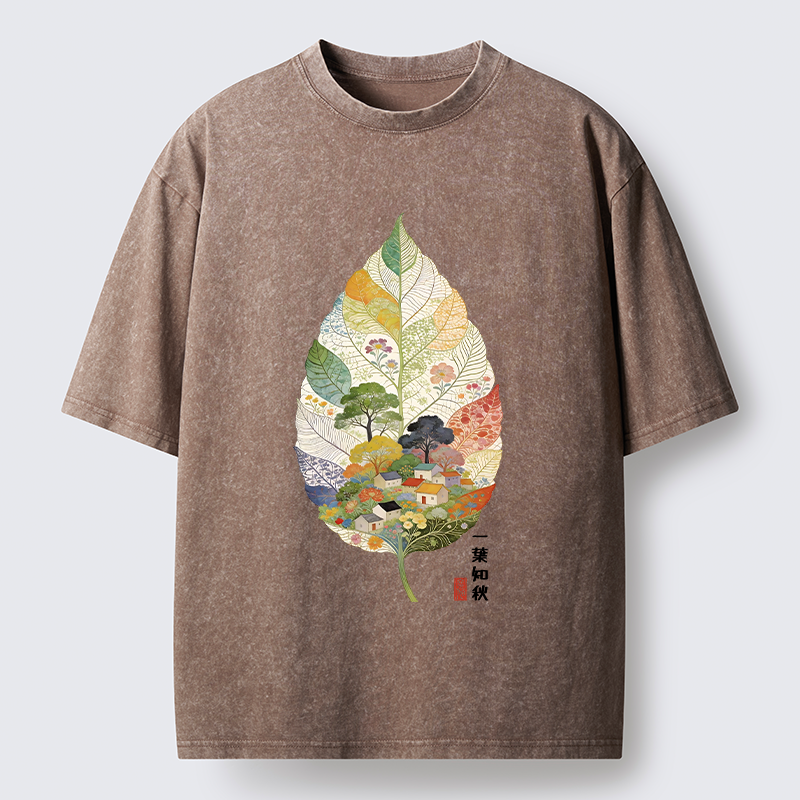 Tokyo-Tiger Autumn Leaf Village Scenery Art Washed T-Shirt