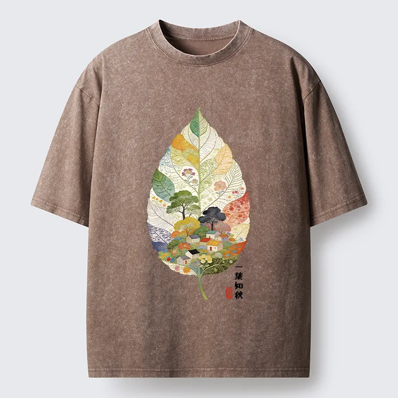 Tokyo-Tiger Autumn Leaf Village Scenery Art Washed T-Shirt