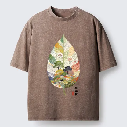 Tokyo-Tiger Autumn Leaf Village Scenery Art Washed T-Shirt