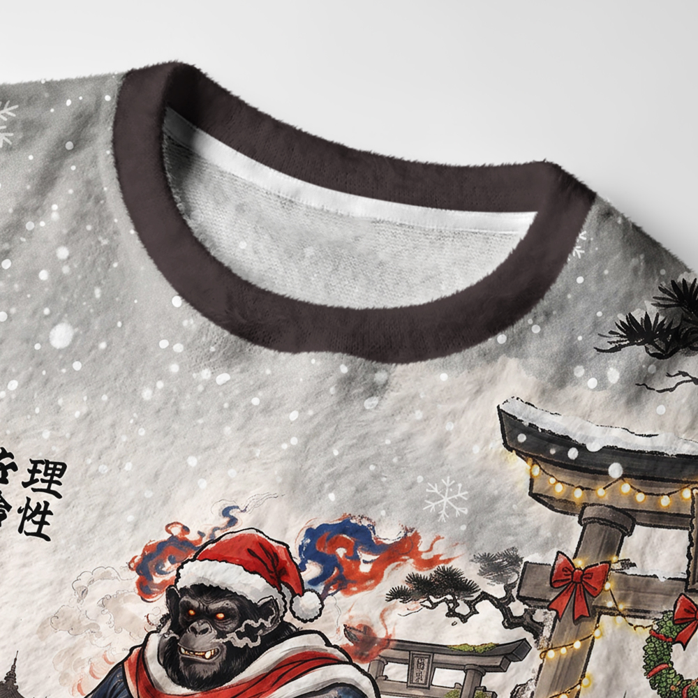 Tokyo-Tiger Funny Japanese Ukiyo‑e Samurai Gorilla Fuzzy Christmas Ugly Sweatshirt