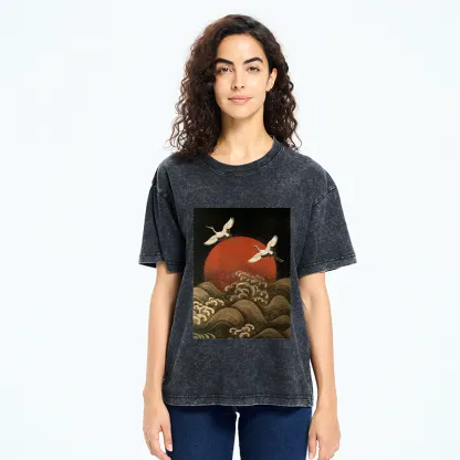 Tokyo-Tiger Japanese Crane Wave Art Washed T-Shirt